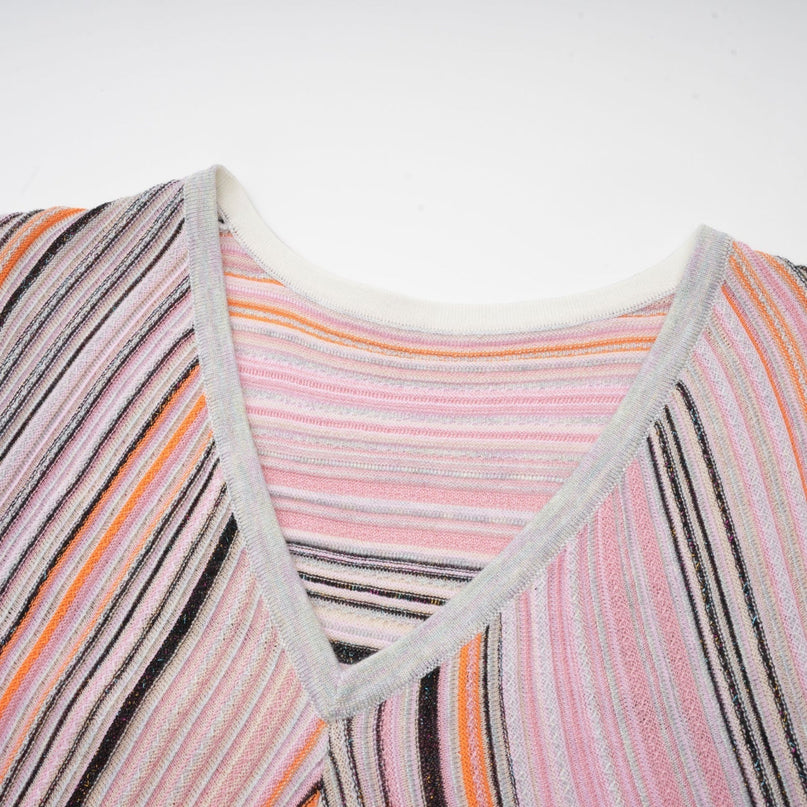 Augusta Pink Metallic Pleated Stripe V-neck Midi Dress
