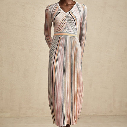 Augusta Pink Metallic Pleated Stripe V-neck Midi Dress