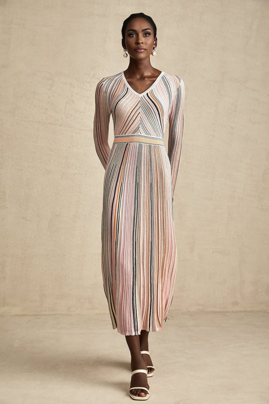Augusta Pink Metallic Pleated Stripe V-neck Midi Dress