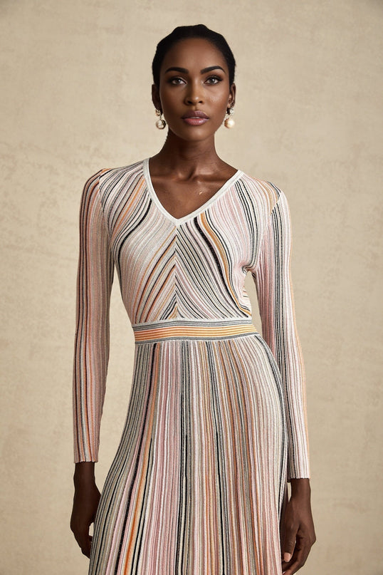Augusta Pink Metallic Pleated Stripe V-neck Midi Dress