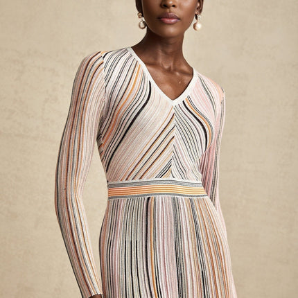 Augusta Pink Metallic Pleated Stripe V-neck Midi Dress