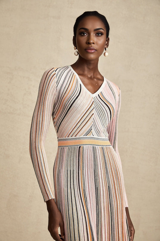 Augusta Pink Metallic Pleated Stripe V-neck Midi Dress
