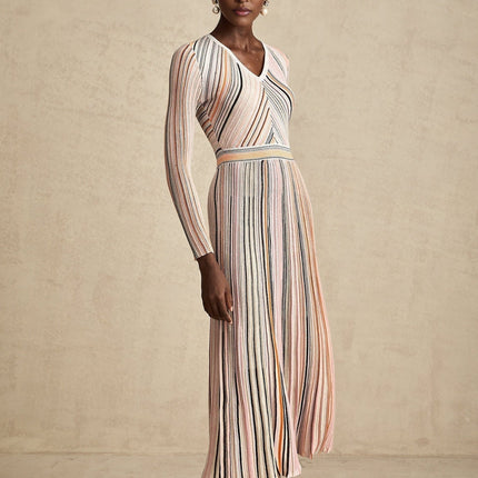 Augusta Pink Metallic Pleated Stripe V-neck Midi Dress