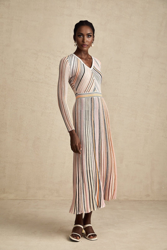 Augusta Pink Metallic Pleated Stripe V-neck Midi Dress