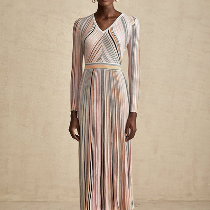 Augusta Pink Metallic Pleated Stripe V-neck Midi Dress