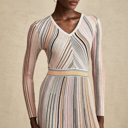Augusta Pink Metallic Pleated Stripe V-neck Midi Dress