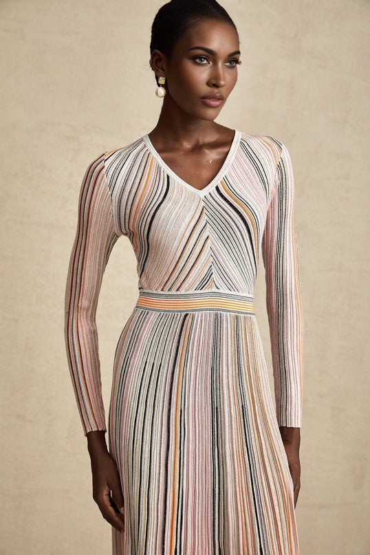 Augusta Pink Metallic Pleated Stripe V-neck Midi Dress