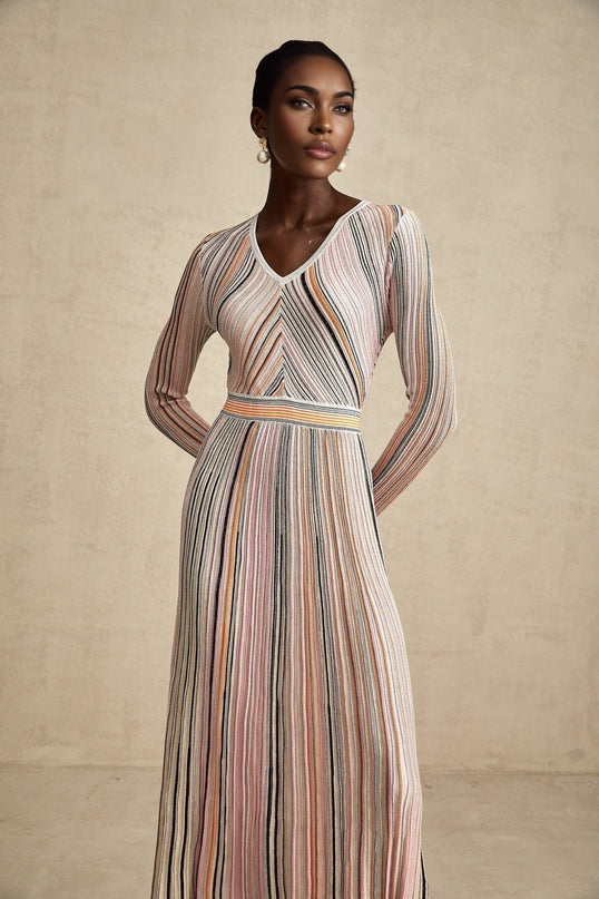 Augusta Pink Metallic Pleated Stripe V-neck Midi Dress