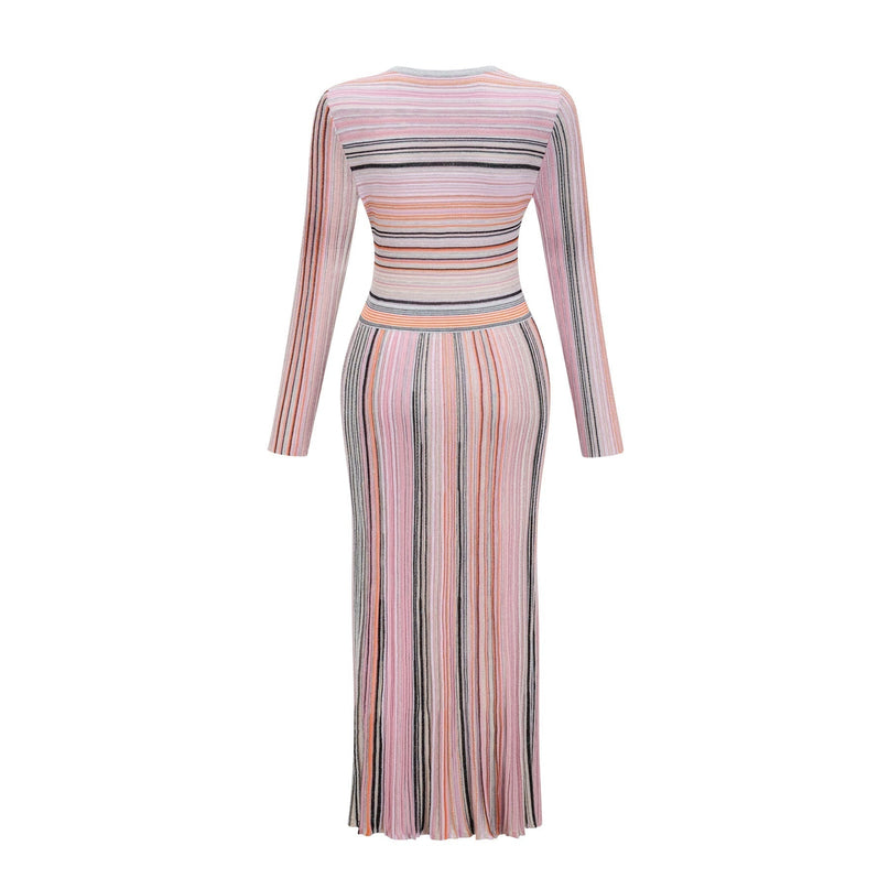 Augusta Pink Metallic Pleated Stripe V-neck Midi Dress