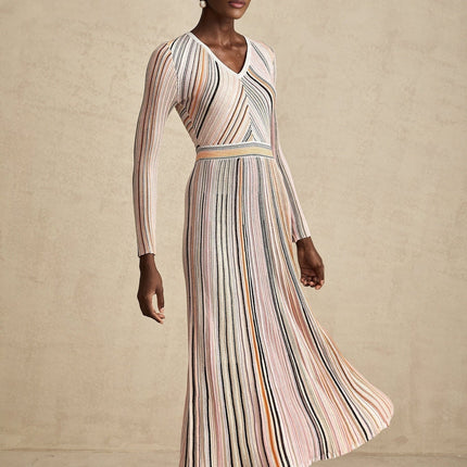 Augusta Pink Metallic Pleated Stripe V-neck Midi Dress