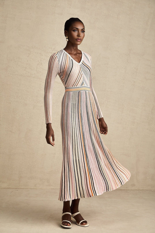 Augusta Pink Metallic Pleated Stripe V-neck Midi Dress