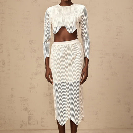 Augusta White Wavy Woven Skirt Top Set