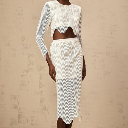 Augusta White Wavy Woven Skirt Top Set