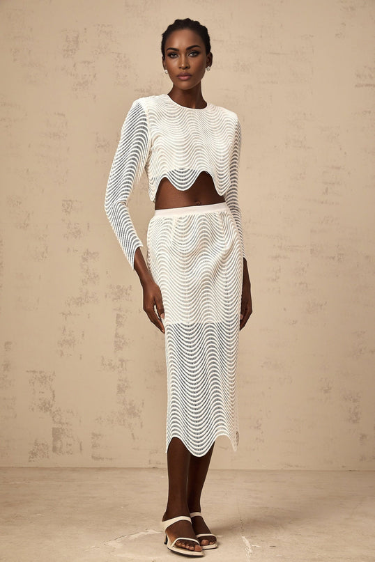 Augusta White Wavy Woven Skirt Top Set