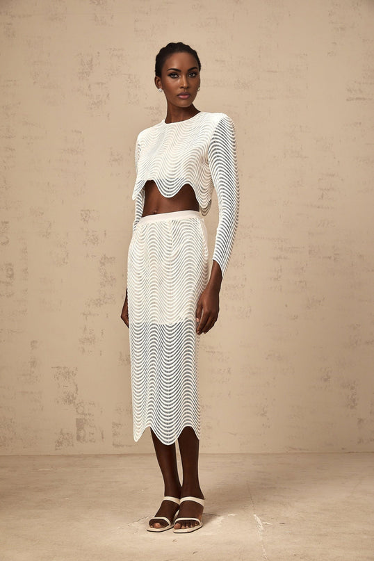 Augusta White Wavy Woven Skirt Top Set