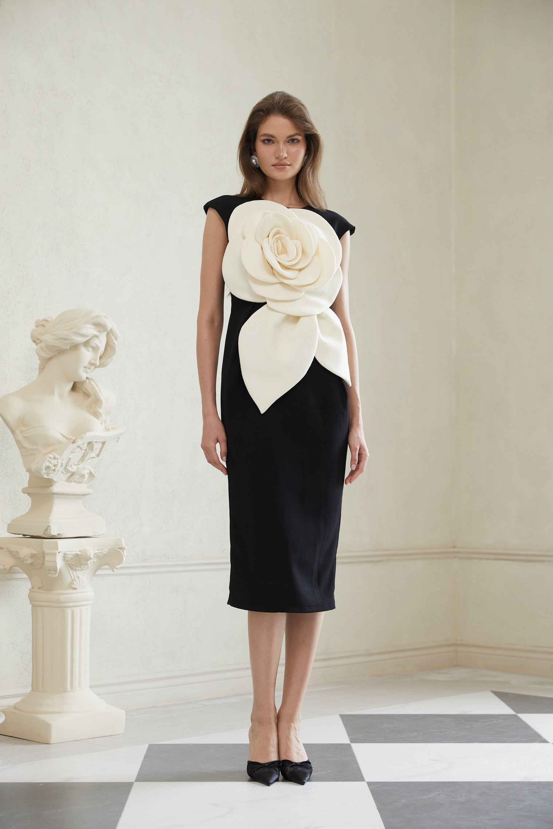 Aurélienne Black 3D Petal Pencil Midi Dress