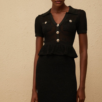 Aurora Black Crochet Knit Peplum Dress with Gold Buttons and Pockets