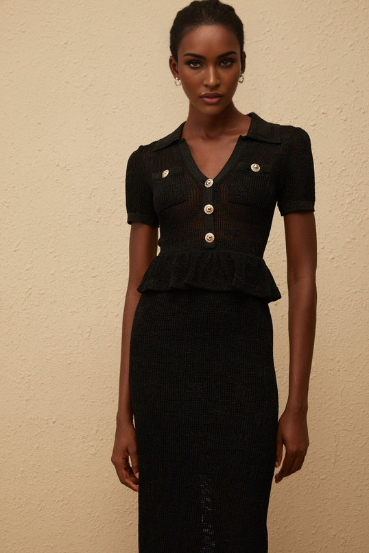 Aurora Black Crochet Knit Peplum Dress with Gold Buttons and Pockets