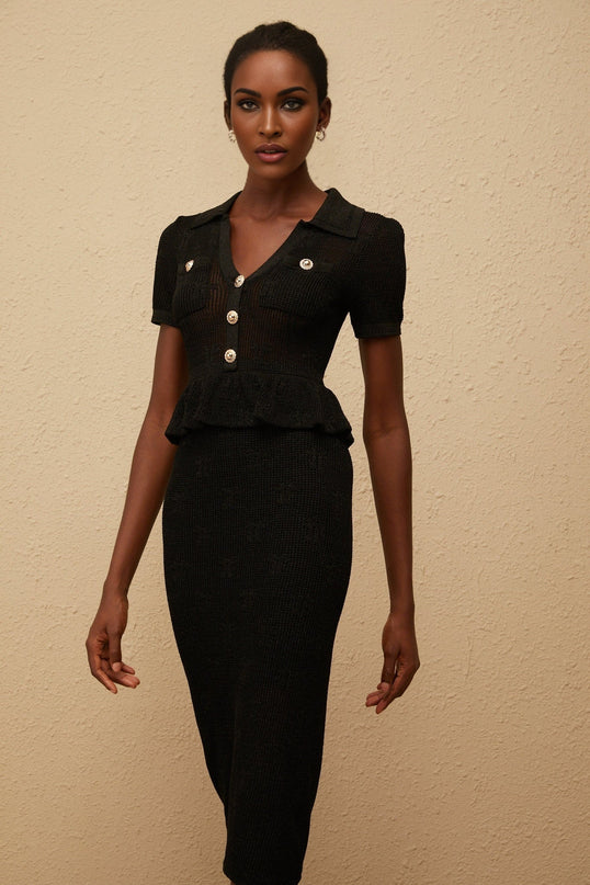 Aurora Black Crochet Knit Peplum Dress with Gold Buttons and Pockets