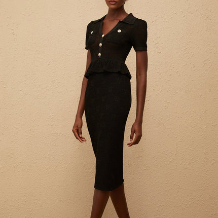 Aurora Black Crochet Knit Peplum Dress with Metallic Threading