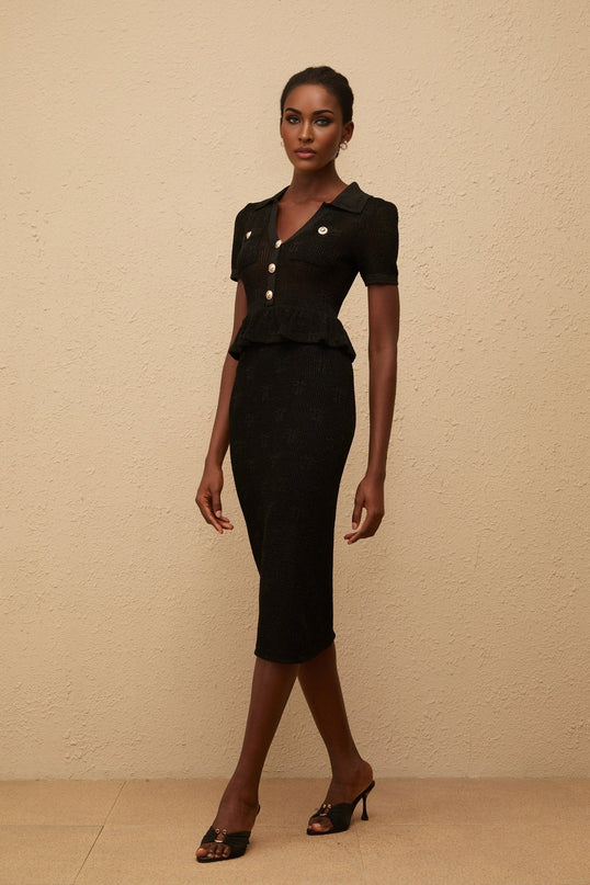 Aurora Black Crochet Knit Peplum Dress with Metallic Threading