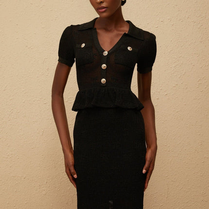 Aurora Black Crochet Knit Peplum Dress Spread Collar Gold Buttons Patch Pockets Short Sleeves Calf-Length Hem