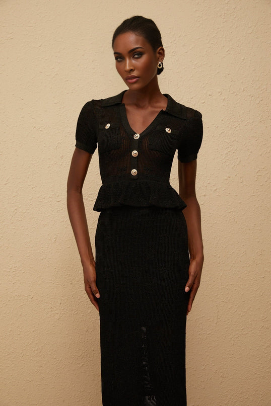 Aurora Black Crochet Knit Peplum Dress Spread Collar Gold Buttons Patch Pockets Short Sleeves Calf-Length Hem