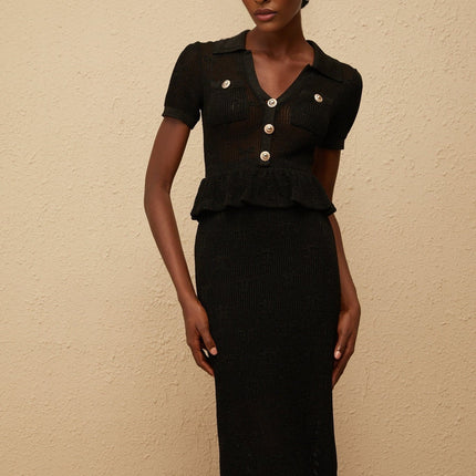 Aurora Black Crochet Knit Peplum Dress with Metallic Threading and Gold-tone Buttons
