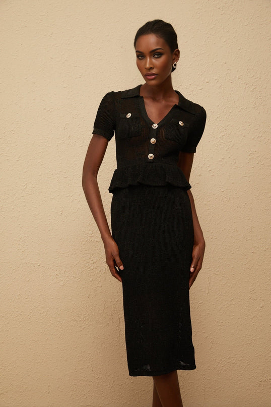 Aurora Black Crochet Knit Peplum Dress with Metallic Threading and Gold-tone Buttons