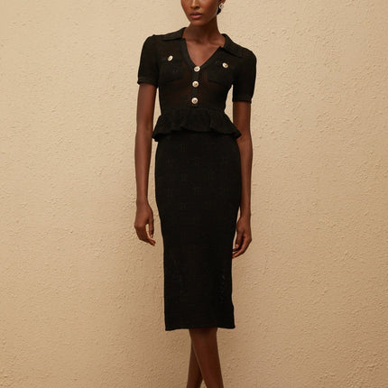 Aurora Black Crochet Knit Peplum Dress with Metallic Threading and Gold Buttons