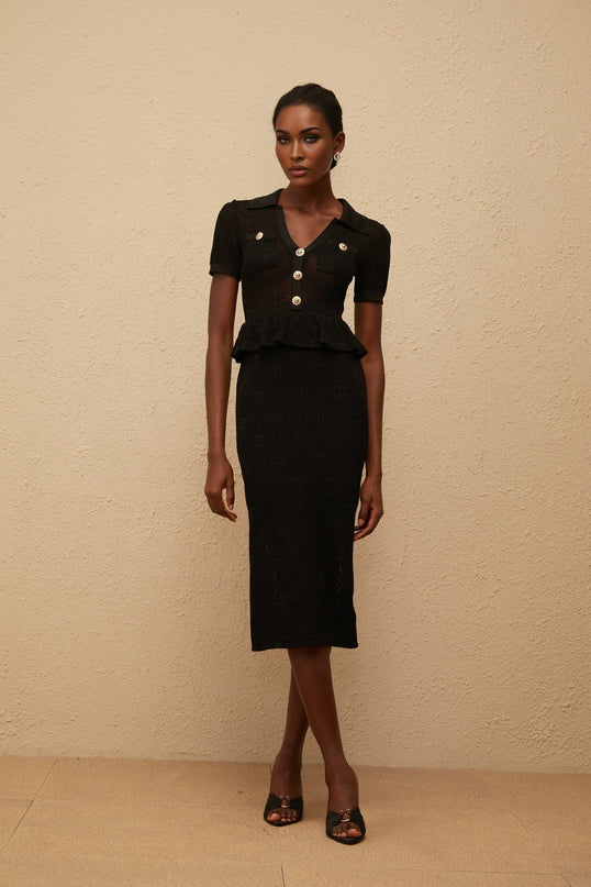 Aurora Black Crochet Knit Peplum Dress with Metallic Threading and Gold Buttons