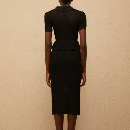 Aurora Black Crochet Knit Peplum Midi Dress with Gold Buttons and Pockets