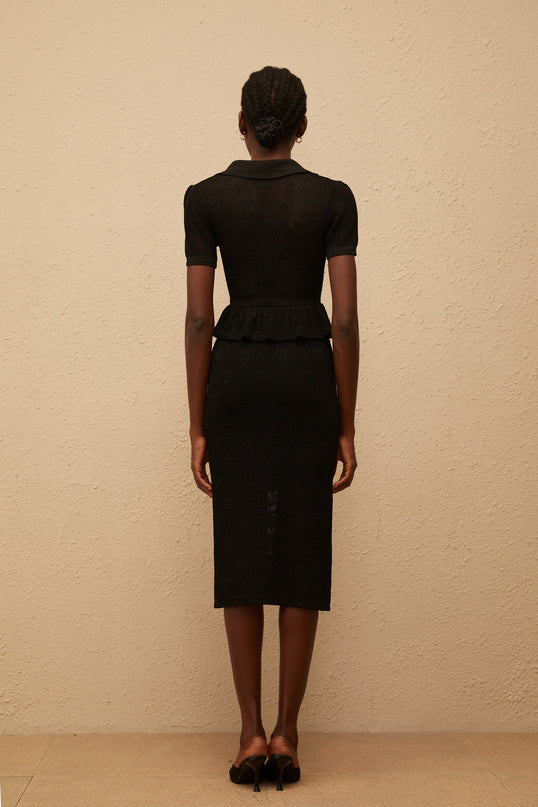 Aurora Black Crochet Knit Peplum Midi Dress with Gold Buttons and Pockets