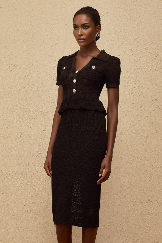 Aurora Black Peplum Crochet Knit Midi Dress with Metallic Threading