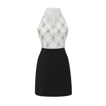 Aurora Black & White Embellished Halterneck Mini Dress