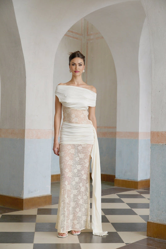 Aurora Neutrals Maxi Dress with Floral Lace and Satin Panelling