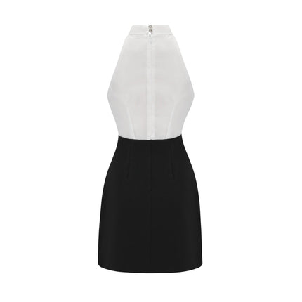 Aurora White & Black Embellished Cut-out Halterneck Mini Dress