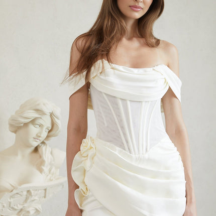 Aurora White Mini Dress with 3D-petal Embellishments and Ribbon Design