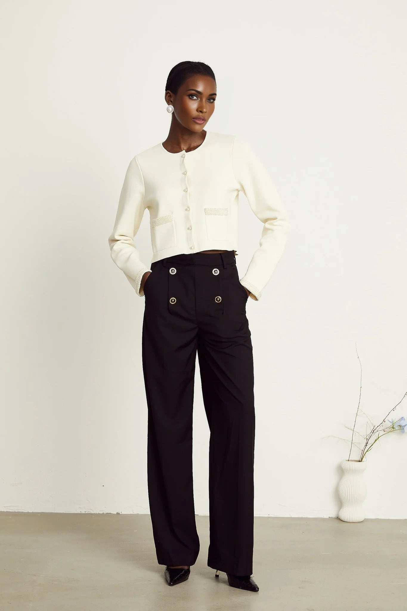 Aurore beige fauxpearl cardigan