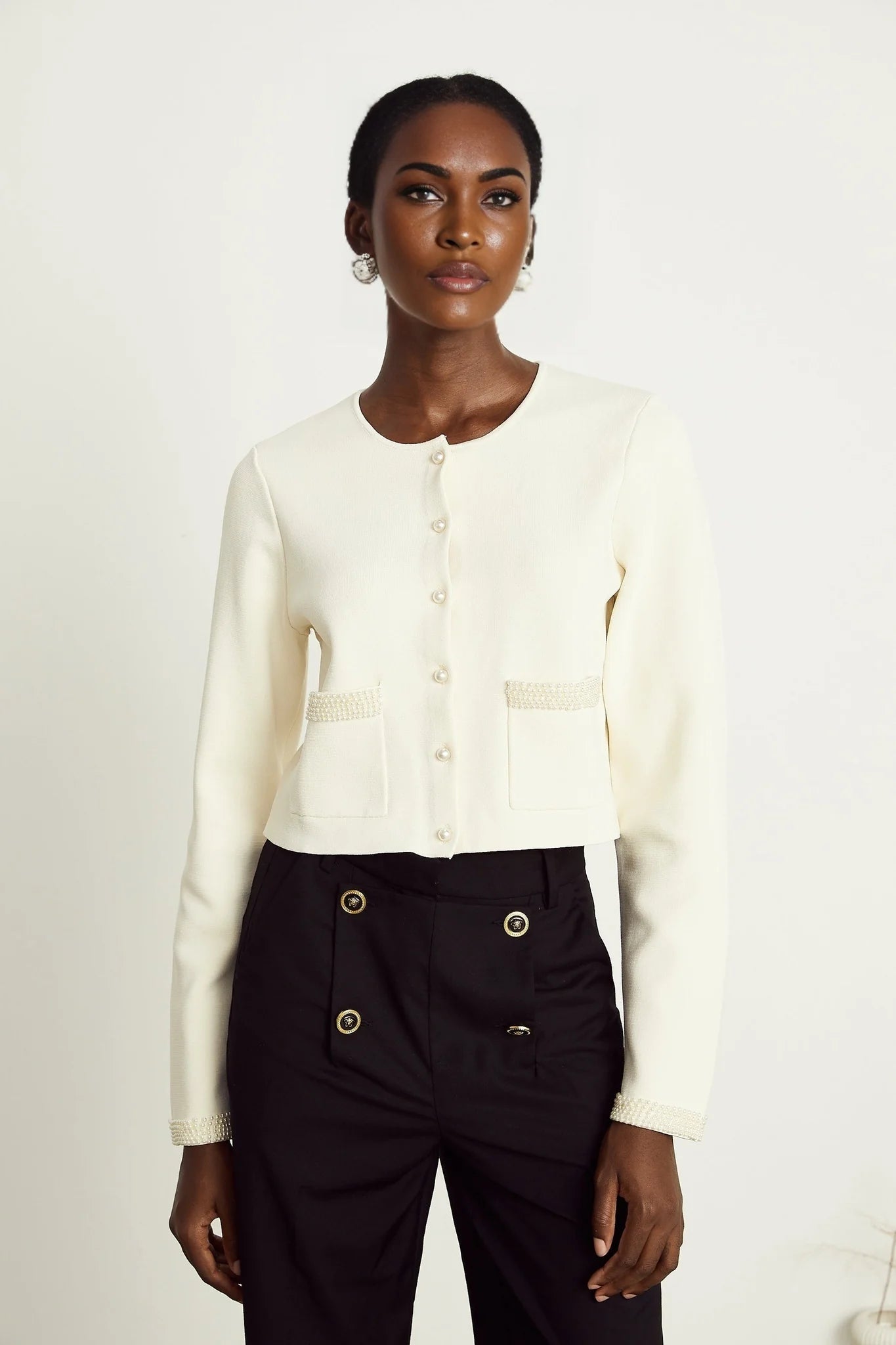 Aurore beige fauxpearl cardigan