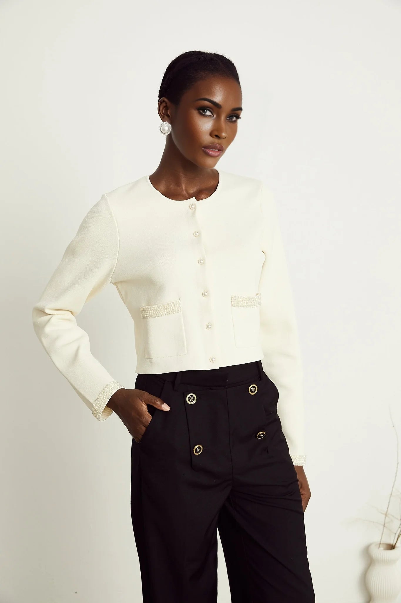 Aurore beige fauxpearl cardigan