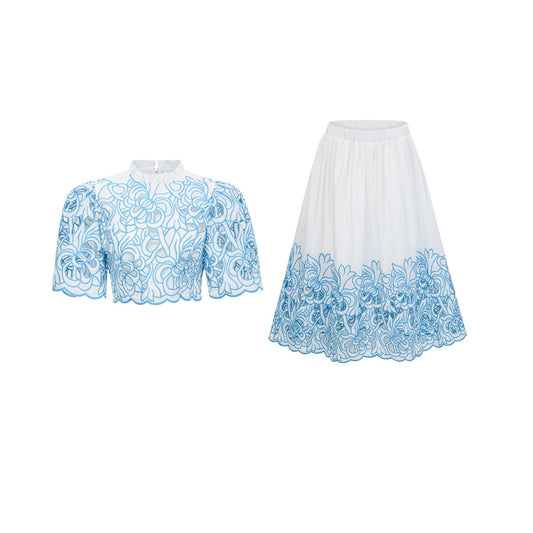 Aurore blue cutout embroidered top  skirt matching set