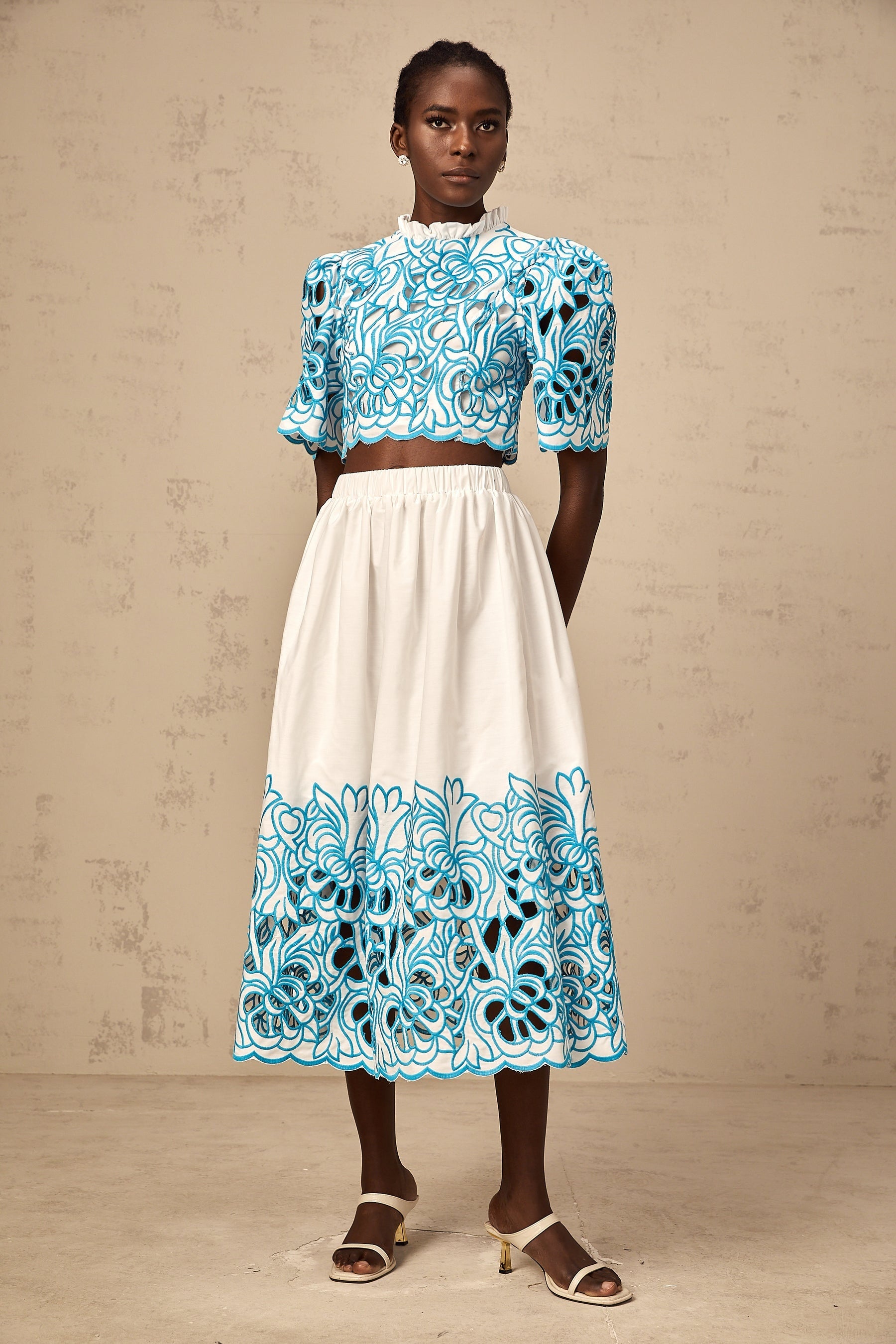 Aurore blue cutout embroidered top  skirt matching set