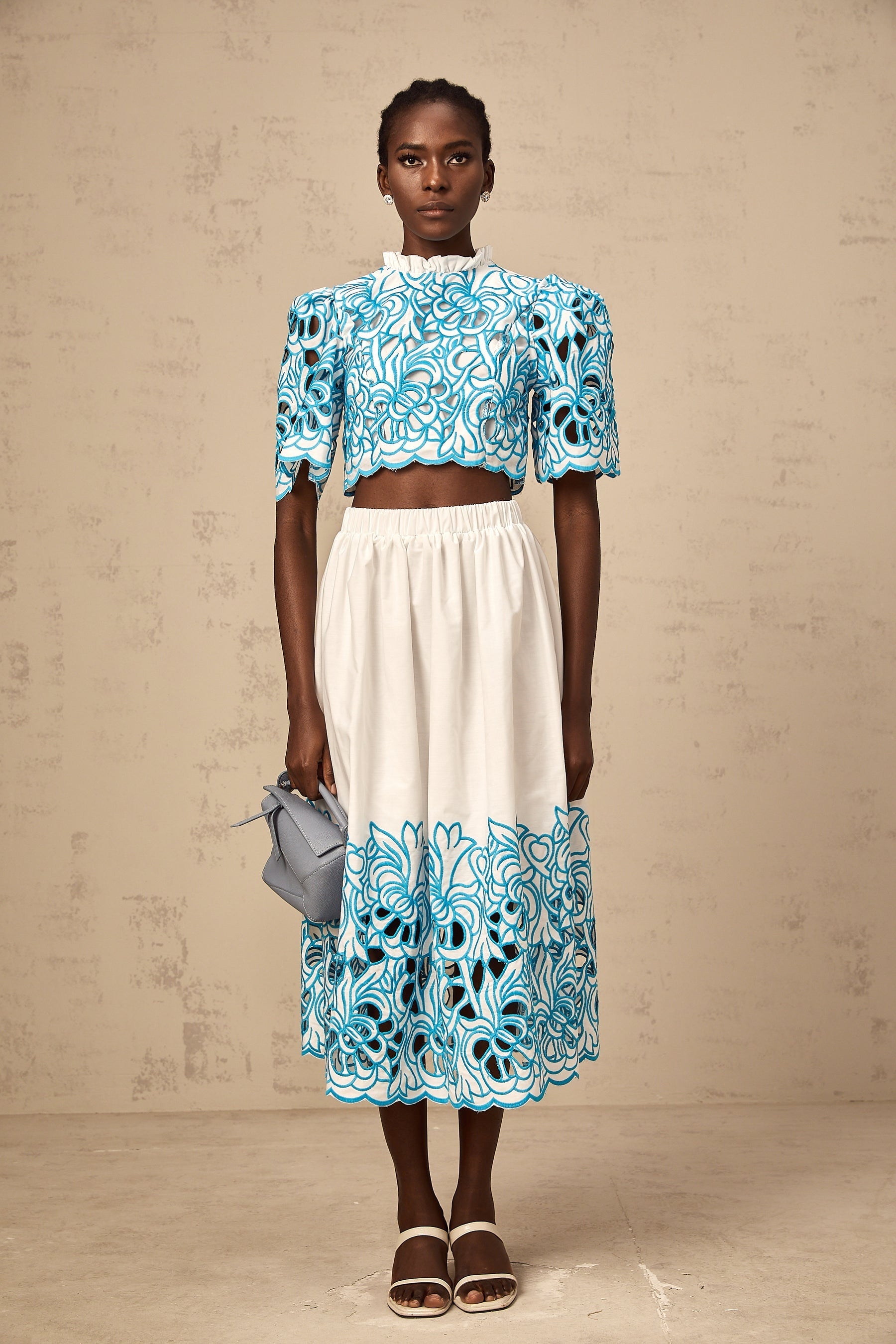 Aurore blue cutout embroidered top  skirt matching set