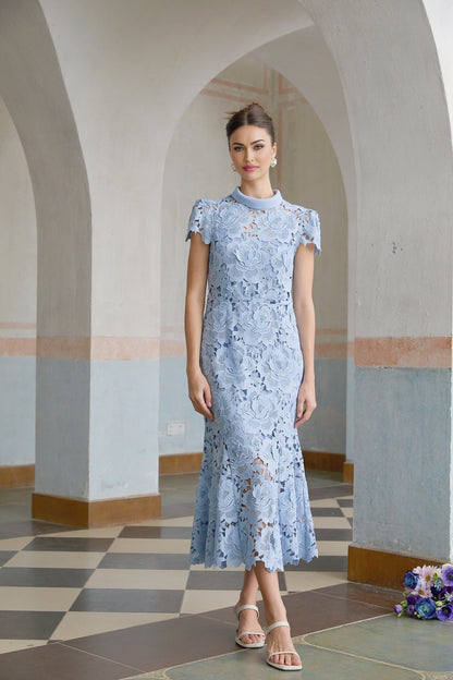 Aurore blue midi dress with delicate floral lace applique detailing