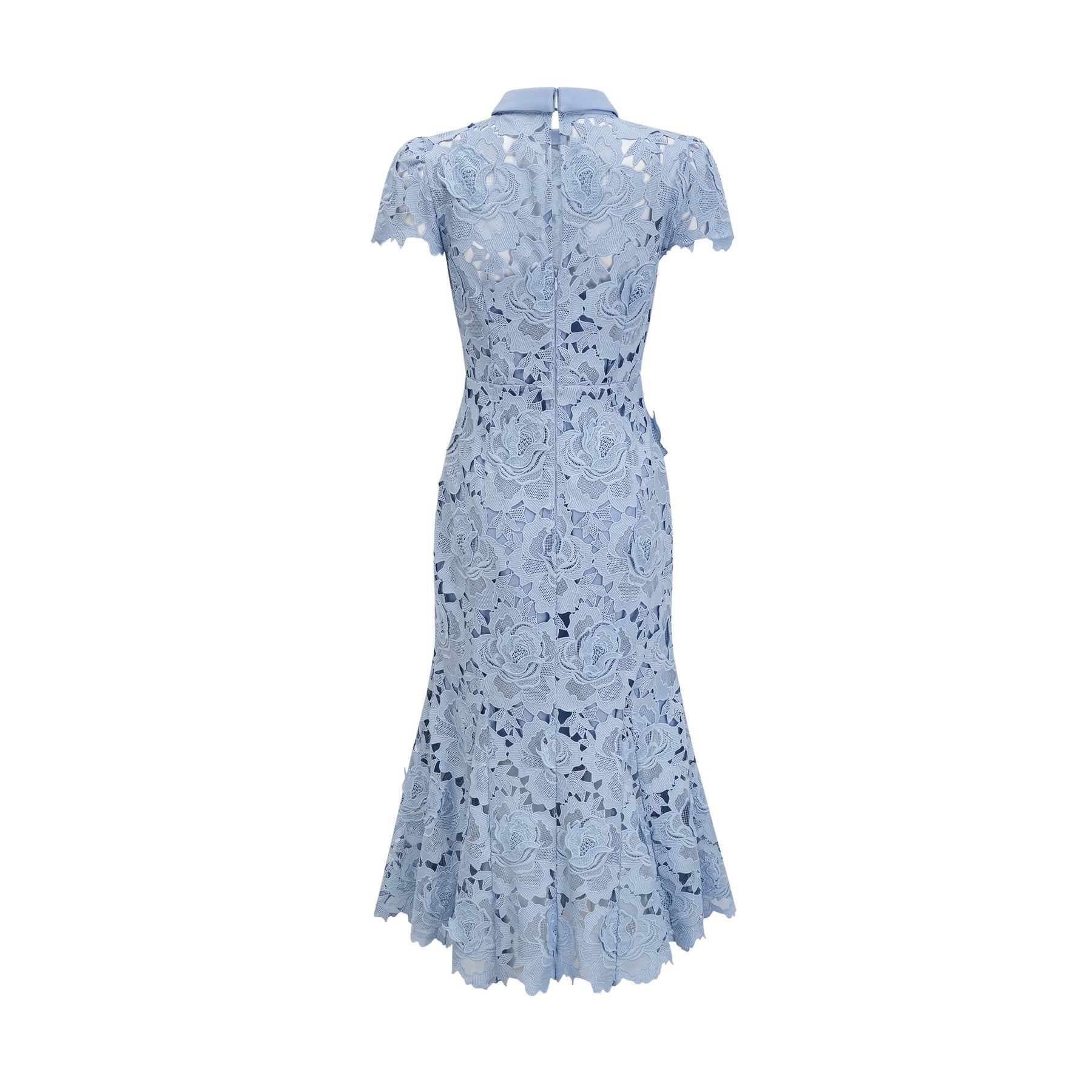 Aurore blue midi dress with delicate floral lace applique details and feminine silhouette