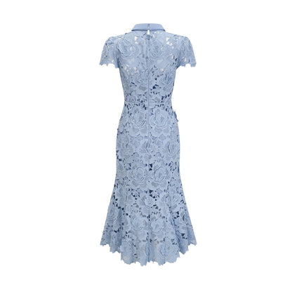 Aurore blue midi dress with delicate floral lace applique details and feminine silhouette