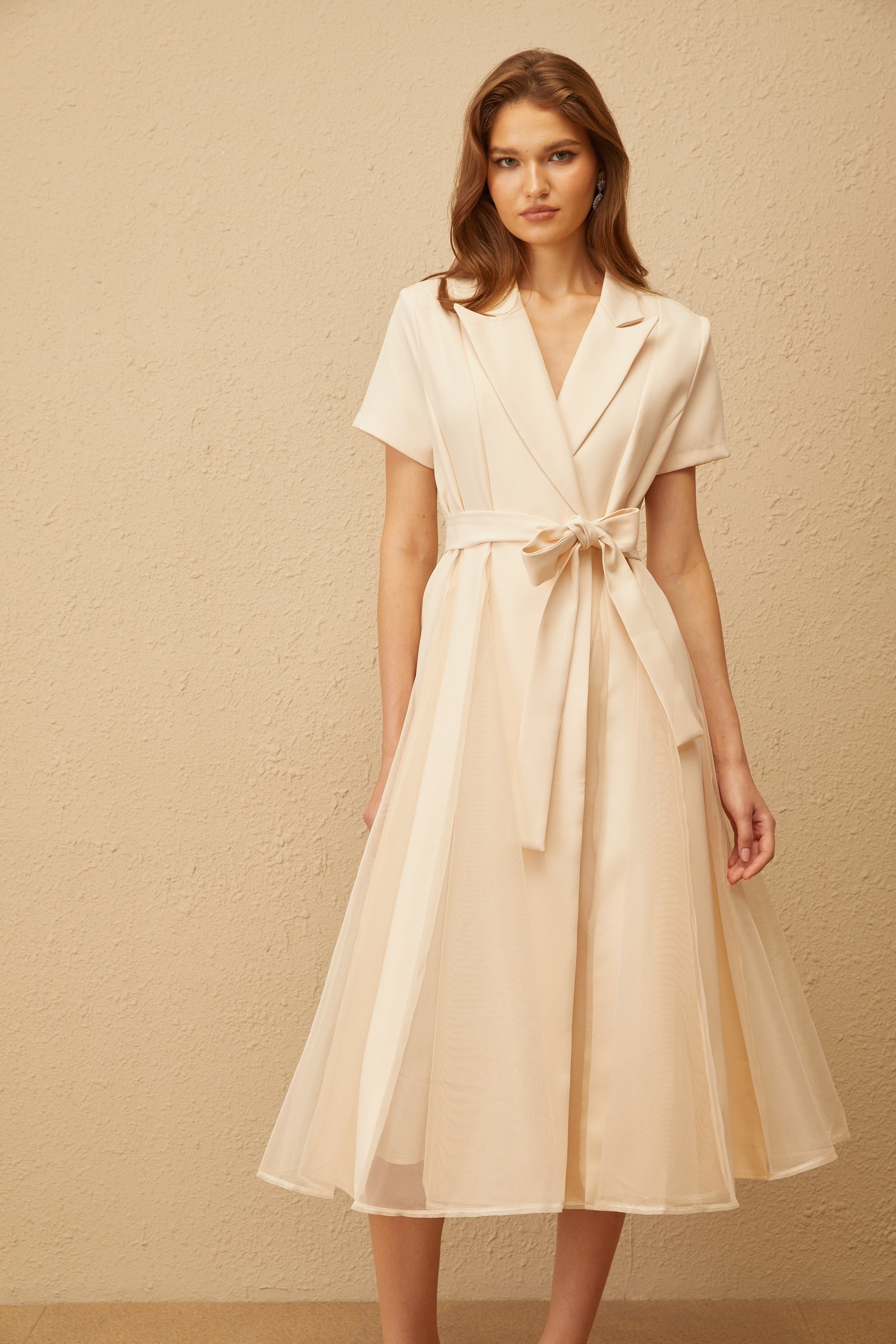 Aurore Neutral Tulle Panel Wraped Midi Dress