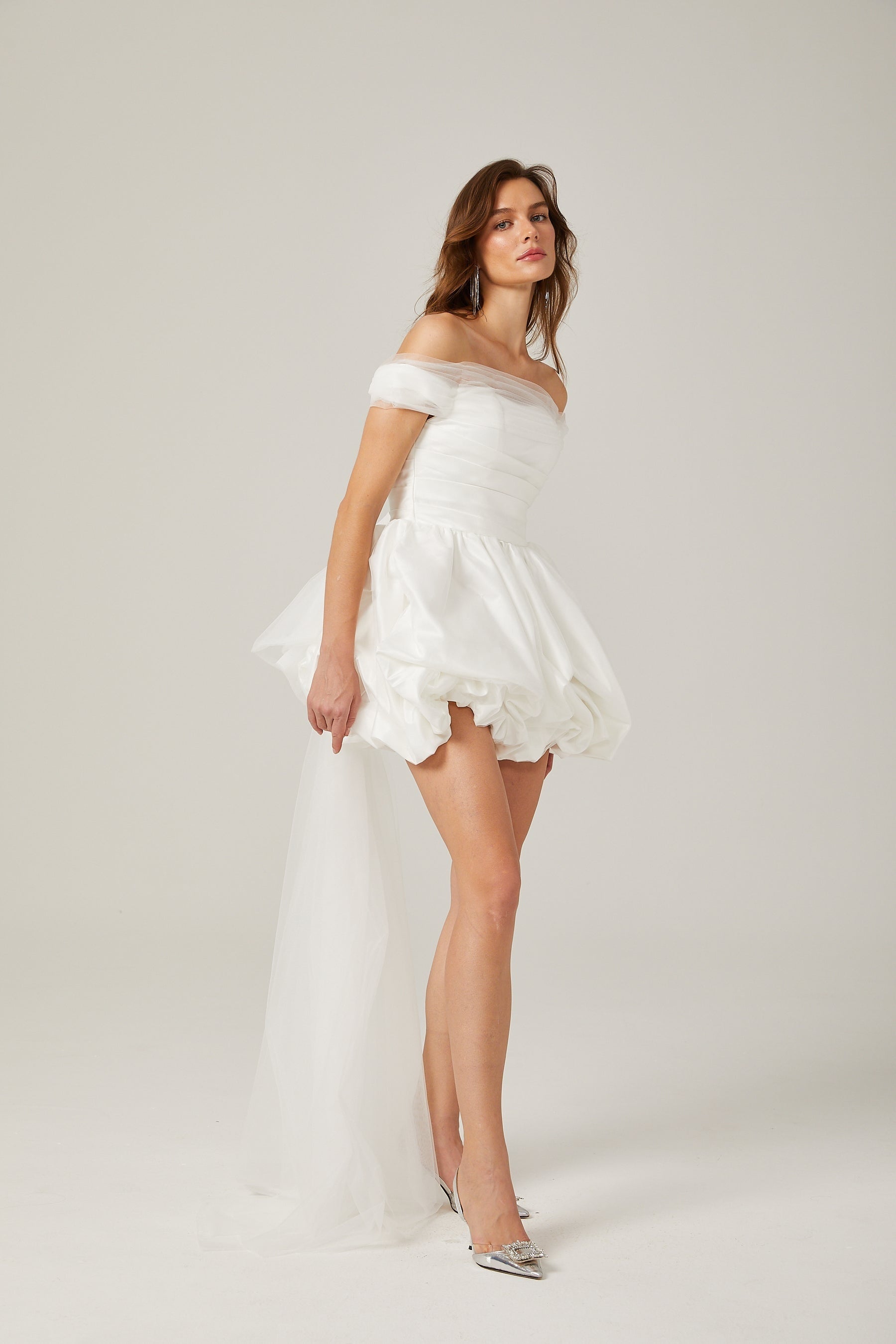 Aurore white offshoulder bowknot mini dress
