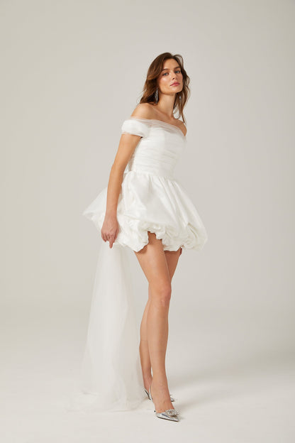 Aurore white offshoulder bowknot mini dress